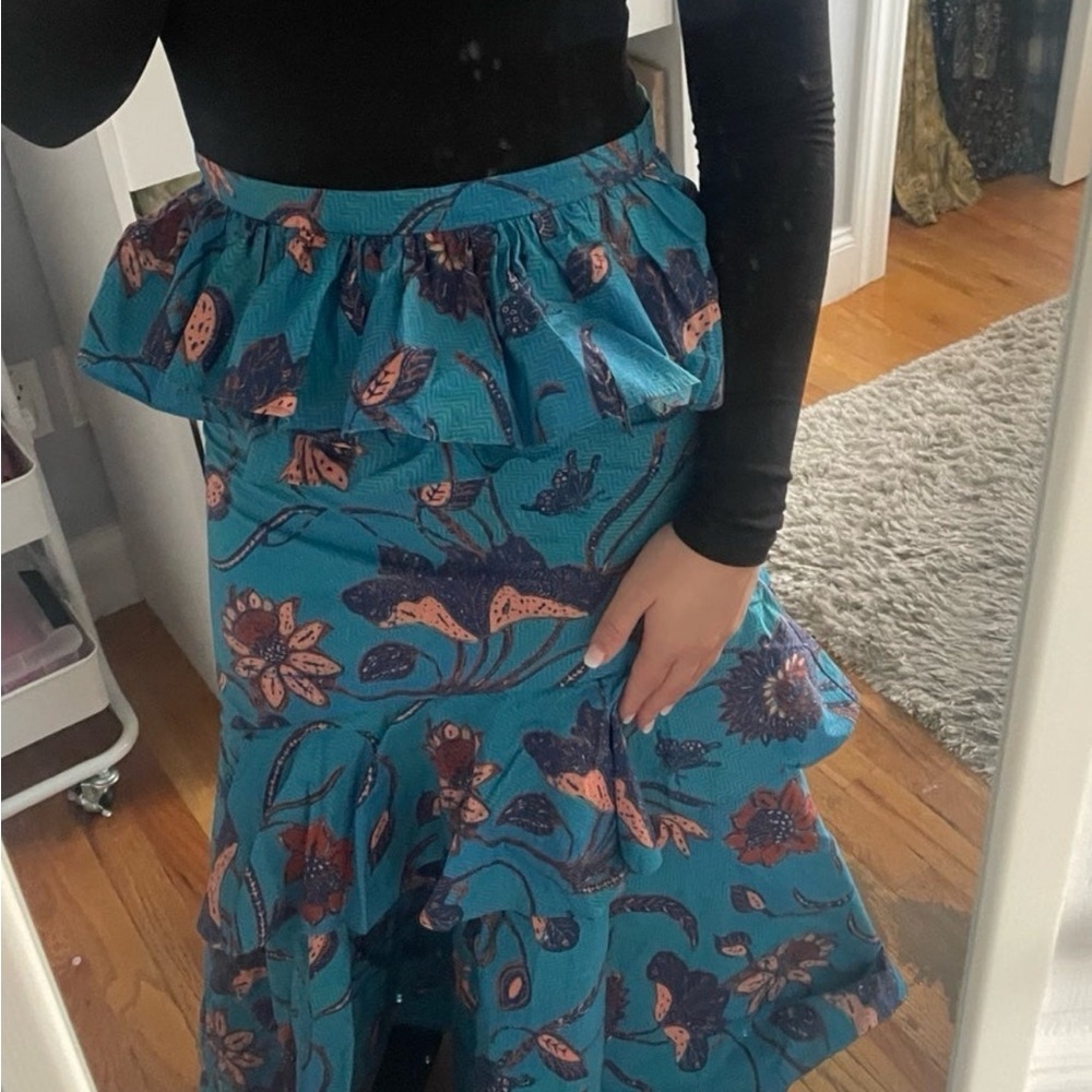 Ulla Johnson Teal Floral Midi Skirt with Peach and Navy Accents